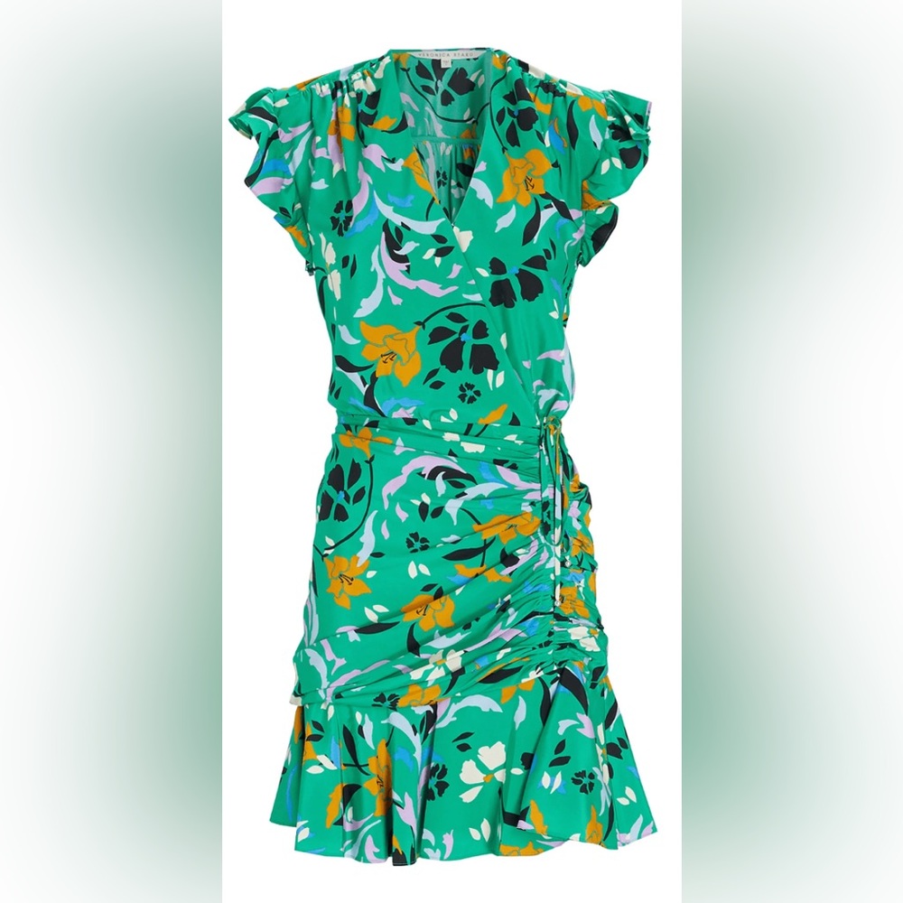 Veronica Beard Marla Dress Silk Green Multi Ruched Flutter Sleeve $585 Sz 2
